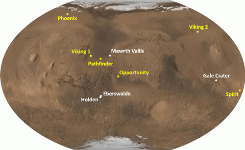 This image shows a globe of Mars with the locations of the four proposed landing sites noted in white font and the locations of prior landed missions in yellow font.  Prior landed missions include:  Viking 1 and 2, Pathfinder, Spirit, Opportunity, and Phoenix.  Proposed MSL landing sites include:  Mawrth Vallis, Gale Crater, Holden Crater, and Eberswalde Crater.