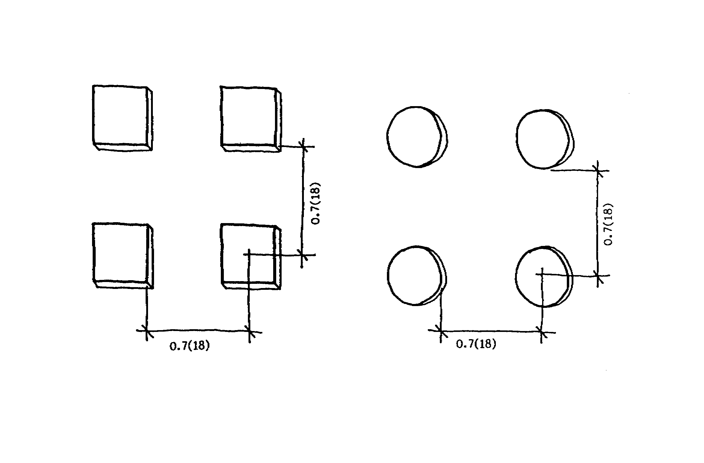  Depicts the spacing of buttons in an array.  The spacing from the center of one button to the closest edge of the next button is a minimum of 0.7 inch (18 mm). Buttons are placed either vertically or horizontally. 