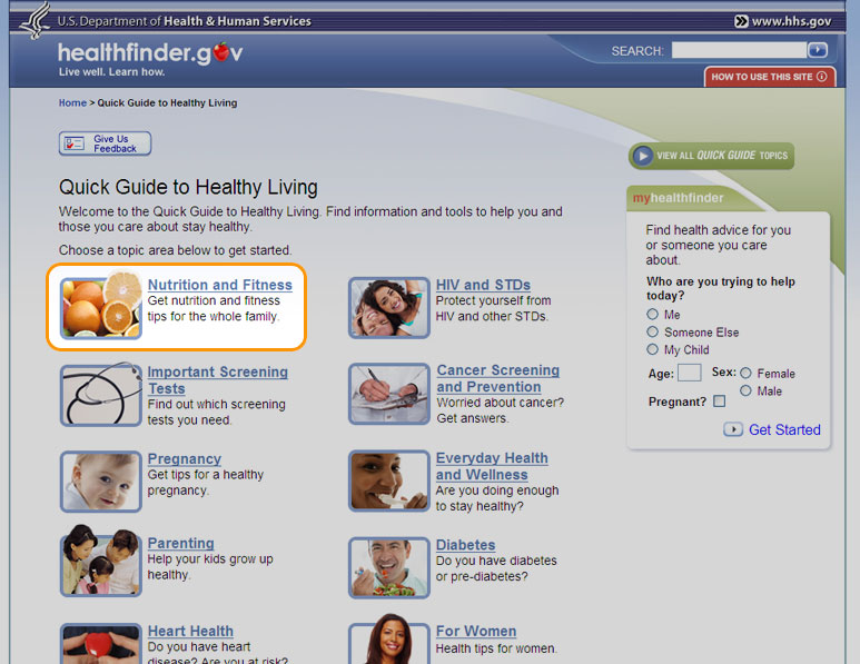 "Quick Guide to Healthy Living" home page with "Nutrition and Fitness" highlighted.