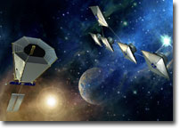 Artist's concept of the Terrestrial Planet Finder observatories, which will be able to directly observe and characterize other Earth-size planets.