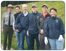 Speakers who welcomed the volunteers at Crissy Field (left to right): Interim Superintendent of Golden Gate National Parks, Frank Dean; Deputy Director for the Golden Gate National Parks Conservancy, Doug Overman; Presidio Trust Executive Director, Craig Middleton; Interior’s Director of External Affairs, Ray Rivera; Vice President of Marketing for The North Face,  Aaron Carpenter; and Community Engagement Specialist for Toyota, Kathy Mota.