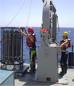 Scientists prepare to lower a rosette of 12 Niskin bottles on the vessel R/V Thomas G. Thompson. The device enables the collection of samples in the ocean via remote triggering of each bottle at different depths. Extreme care was taken to ensure that the rosette does not contaminate the samples. Photo courtesy of William Landing, Florida State University.  