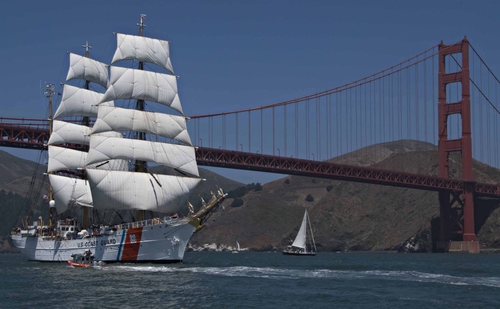 Tall Ship Eagle passes under the Golden Gate Bridge.