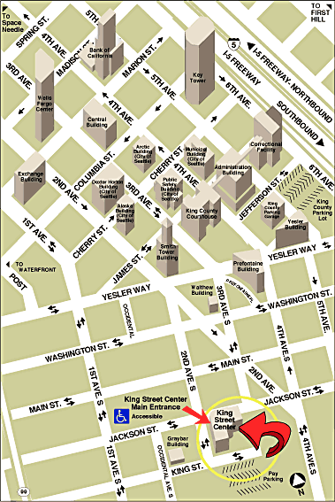 Map of King County buildings in downtown Seattle with King Street Center circled.