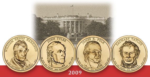 Obverse of the Presidents Harrison, Tyler, Polk, and Taylor Presidential $1 Coins over an image of the White House.