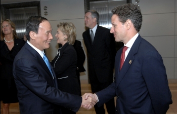 Secretary Geithner greeting Chinese Vice Premier Wang Qishan at the beginning of the first U.S.-China Strategic and Economic Dialogue held in Washington, D.C.