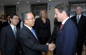 Secretary Geithner greeting Chinese State Councilor Dai Bingguo at the beginning of the first U.S.-China Strategic and Economic Dialogue held in Washington, D.C.