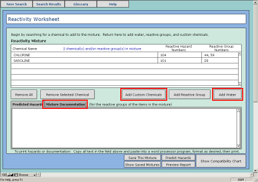 The Chemical Reactivity Worksheet, showing the location of the buttons for Mixture Documentation, Add Custom Chemicals, and Add Water.
