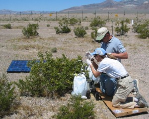 USGS scientists collecting gas samples from the unsaturated zone. Subsurface gases are drawn through a small glass tube filled with an adsorbing material, which traps mercury or volatile organic compounds for later analysis.
