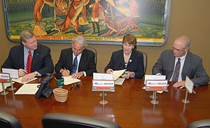 (L to R) Edwin G. Foulke, former-Assistant Secretary, USDOL-OSHA; Robert Switzer, Vice President of Operations, Lamar Outdoor Advertising; Marthe Kent, Regional Administrator, Region I, USDOL-OSHA; Paul Gagnon, Corporate Safety Director, Lamar Outdoor Advertising; at the national Alliance signing on September 19, 2007 in Bridgeport, Connecticut.