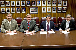 (L to R) Kevin Moorhead, President, CCHEST; Edwin G. Foulke, Jr., former-Assistant Secretary, USDOL-OSHA; Paul Adams, President, BCSP; Barbara Dawson, Chair, ABIH; at the national Alliance signing on February 22, 2008.