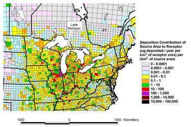 Geographic distribution of atmospheric mercury deposition contributions to Lake Michigan,	estimated with the NOAA HYSPLIT-Hg atmospheric mercury fate and transport model.