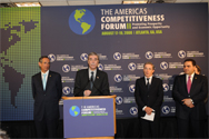 U.S. Secretary of Commerce Carlos M. Gutierrez and Presidents Colom of Guatemala, Uribe of Colombia, and Saca of El Salvador give a press conference at the ACF.