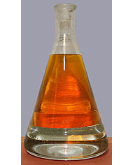 Biogasoline sits above water in an Erlenmeyer flask.