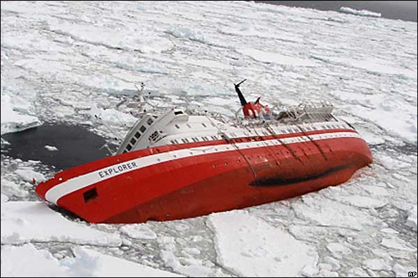 The M/S Explorer sank off the South Shetland Islands, in the Antarctic Ocean, on November 24, 2007.  91 passengers, nine guides and 54 crew members were safely evacuated to lifeboats and then to another ship.