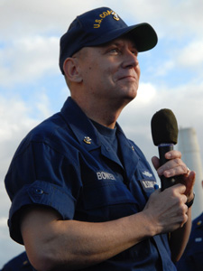 MCPOCG Bowen speaks to Coast Guard crewmembers aboard the Coast Guard Cutter Chase