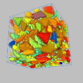 A model concrete mixture, using real-shaped aggregates, being sheared computationally. The aggregate shapes were taken from x-ray computed tomography, reconstructed using spherical harmonic mathematical techniques, and incorporated into the DPD codes.