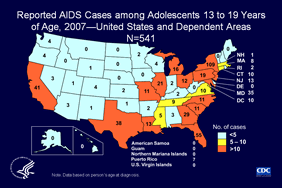 Slide 15: Reported AIDS Cases among Adolescents 13 to 19 Years of Age, 2007—United States and Dependent Areas, N=541

In 2007, 541 adolescents 13 to 19 years of age were reported with AIDS in the United States and dependent areas. The majority of cases were reported from states in the Northeast and the South.