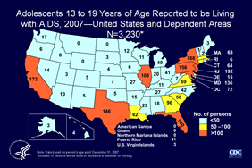 Slide 16: Adolescents 13 to 19 Years of Age Reported to be Living with AIDS, 2007—United States and Dependent Areas, N=3,230*

At the end of 2007, 3,230 adolescents 13 to 19 years of age were reported to be living with AIDS in the United States and dependent areas.