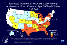 Slide 6: Estimated Numbers of HIV/AIDS Cases among Adolescents 13 to 19 Years of Age, 2007—34 States, N=1,744

In 2007, there were 1,744 adolescents aged 13 to 19 years diagnosed with HIV/AIDS in the 34 states with confidential name-based HIV infection reporting.

Note:
The following 34 states have had laws or regulations requiring confidential name-based HIV infection surveillance since at least 2003: Alabama, Alaska, Arizona, Arkansas, Colorado, Florida, Georgia, Idaho, Indiana, Iowa, Kansas, Louisiana, Michigan, Minnesota, Mississippi, Missouri, Nebraska, Nevada, New Jersey, New Mexico, New York, North Carolina, North Dakota, Ohio, Oklahoma, South Carolina, South Dakota, Tennessee, Texas, Utah, Virginia, West Virginia, Wisconsin, and Wyoming.
The data have been adjusted for reporting delays.