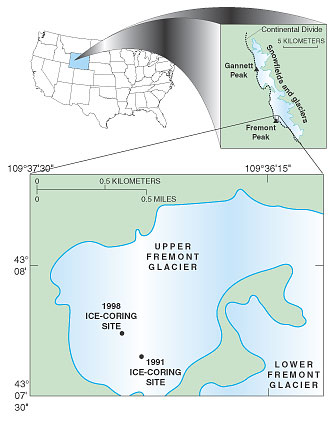 Map showing the location of the Upper Fremont Glacier in the Wind River mountain range of Wyoming.