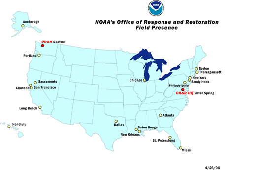 Map showing field locations for staff from these OR&R divisions: HMRD, CPRD, and DAC.