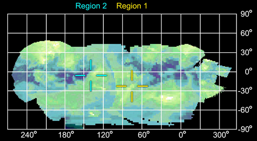 Grid and map showing hot spots on Titan.