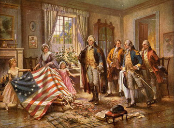 Betsy Ross showing the United States flag to George Washington and others