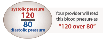 Figure is an oval containing the following text: 'systolic pressure 120/80 diastolic pressure.' Next to the oval is the caption: 'Your provider will read this blood pressure as 120 over 80.'