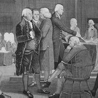 Engraving of Jefferson placing the Declaration before the Continental Congress as Benjamin Franklin and John Hancock look on