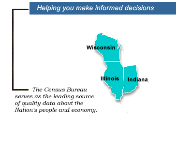 The Census Bureau serves as the leading source of quality data about the Nation's people and economy. We honor privacy, protect confidentiality, share our expertise globally, and conduct our work openly.  We are guided on this mission by our strong and capable workforce, our readiness to innovate, and our abiding commitment to our customers. The Chicago region includes Wisconsin, Illinois and Indiana