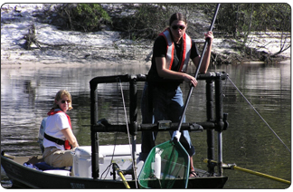USGS scientists Lia Chaser (left) and Erica Rau (right) study fish in the St. Marys River in northern Florida for analysis of mercury. [Photo by Mark Brigham - USGS] 