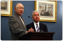 Secretary Salazar and House Natural Resources Committee Chairman Nick Rahall (D-WV) at a press conference following the House vote on the Omnibus Public Lands Management Act of 2009 