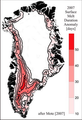 Surface melt duration from average for summer 2007