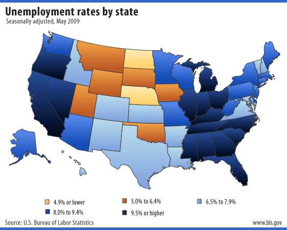 Unemployment rates by state, seasonally adjusted, May 2009