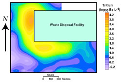 Map of tritium concentrations in soil-water vapor at a depth of 0.5 meter, Amargosa Desert Research Site (ADRS), Nevada. Soil-water concentrations are inferred from measured plant-water concentrations and predictive relations between plant-water and soil-water-vapor concentrations. Concentrations are given in bequerels per liter (Bq/L). One Bq/L (one decay per second) equals approximately 8.47 tritium units.