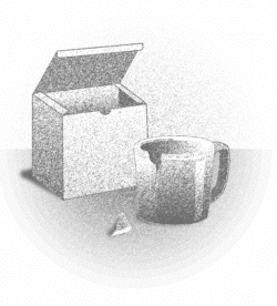 Illustration of an open box with a broken cup beside it.