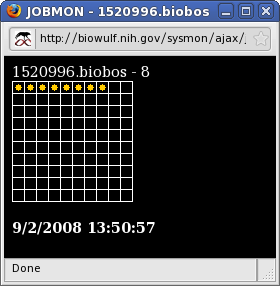 Biowulf load monitor showing a job monitor matrix.