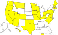 A map of the United States displaying cases of E. coli as of March 1, 2009 to June 18, 2009