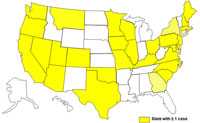 A map of the United States displaying cases of E. coli as of March 1, 2009 to June 30, 2009
