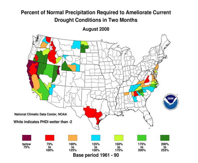 map of percent of normal precipitation required to ameliorate drought in 2 months