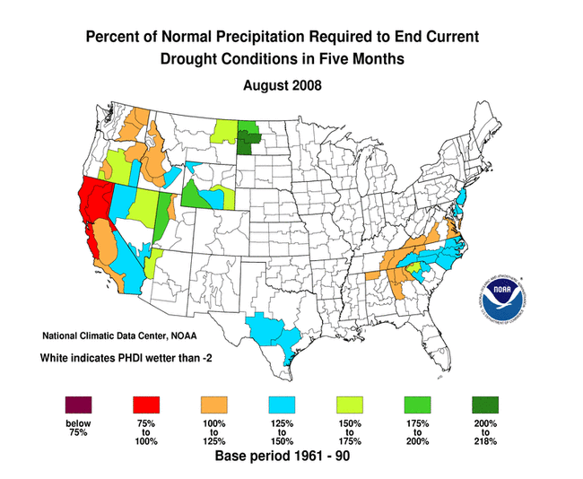 map of percent of normal precipitation required to end drought in 5 months