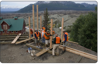 Wrangell-St. Elias National Park and Preserve has used $50,000 in Recovery Act funds to build a shuttle bus turnaround, shelter, signs and
interpretive exhibits at Kennecott, a national historic landmark within the park. (Photo credit: Grant Crosby-NPS)