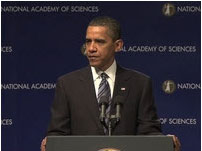 screen shot of video from the President's speech at the National Academy of Sciences