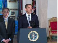 screen capture of video showing President Obama at the podium and Secretary Chu standing next to him
