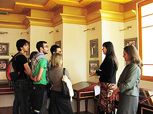 Zdravkovska (right) and Andijana Spirova, the curator of the Mother Teresa
Memorial House, with a group of visitors at the museum.