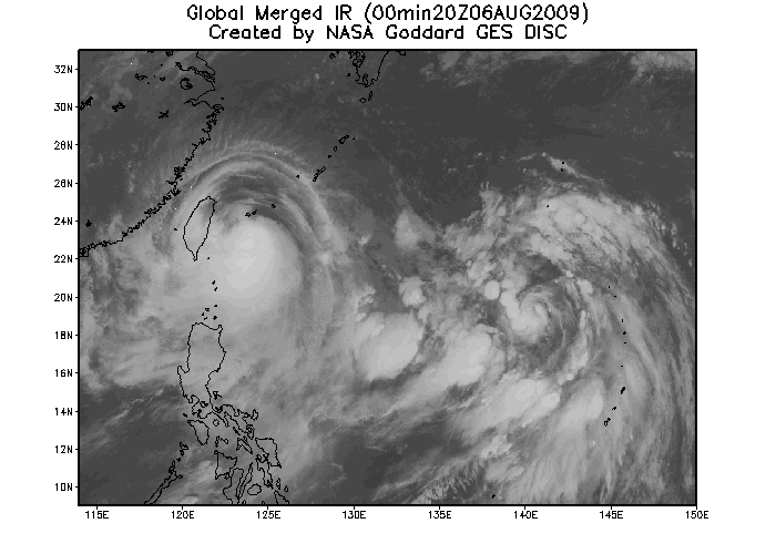 Merged IR Typhoon Morakot and Tropical Storm Etau developing in the Pacific