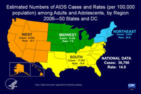 Slide 1: Estimated Numbers of AIDS Cases and Rates (per 100,000 population) among Adults and Adolescents, by Region 2006—50 States and DC
                                        
This map displays the number of estimated AIDS cases and rates among adults and adolescents (age 13 years and older) by region of the United States and the District of Columbia for 2006. 

For 2006, the estimated rate of AIDS among adults and adolescents in the 50 states including the District of Columbia was 14.9 per 100,000 population. The Northeast had the highest AIDS rate, followed by the South, the West and finally the Midwest.  	

The highest estimated number of AIDS cases was in the South, followed by the Northeast, West, and Midwest.

In order to include all states in the analysis by region, the analysis was limited to AIDS data because not all states had name-based HIV infection reporting in 2006.

The data have been adjusted for reporting delays.

The Census Bureau divides the United States into four regions:  
Northeast:  Connecticut, Maine, Massachusetts, New Hampshire, New Jersey, New York, Pennsylvania, Rhode Island, Vermont 
South:  Alabama, Arkansas, Delaware, District of Columbia, Florida, Georgia, Kentucky, Louisiana, Maryland, Mississippi, North Carolina, Oklahoma, South Carolina, Tennessee, Texas, Virginia, West Virginia
Midwest:  Illinois, Indiana, Iowa, Kansas, Michigan, Minnesota, Missouri, Nebraska, North Dakota, Ohio, South Dakota, Wisconsin
West:  Alaska, Arizona, California, Colorado, Hawaii, Idaho, Montana, Nevada, New Mexico, Oregon, Utah, Washington, Wyoming