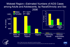 Slide 11: Midwest Region—Estimated Numbers of AIDS Cases among Adults and Adolescents, by Race/Ethnicity and Sex 2006

In the Midwest more males than females were given a diagnosis of AIDS in 2006:  3.4 males for every female.

Of males and females in this region who were given a diagnosis of AIDS during 2006, most were blacks, followed by whites, Hispanics, Asians/Pacific Islanders, and American Indians/Alaska Natives.  

The data have been adjusted for reporting delays.

The states in the Midwest are Illinois, Indiana, Iowa, Kansas, Michigan, Minnesota, Missouri, Nebraska, North Dakota, Ohio, South Dakota, and Wisconsin.