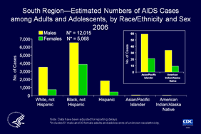 Slide 15: South Region—Estimated Numbers of AIDS Cases among Adults and Adolescents, by Race/Ethnicity and Sex 2006

In the South, more males than females were given a diagnosis of AIDS in 2006:  2.4 males for every female.

Of males and females in this region who were given a diagnosis of AIDS during 2006, most were blacks, followed by whites, Hispanics, Asians/Pacific Islanders, and American Indians/Alaska Natives.  

The data have been adjusted for reporting delays.

The states in the South are Alabama, Arkansas, Delaware, District of Columbia, Florida, Georgia, Kentucky, Louisiana, Maryland, Mississippi, North Carolina, Oklahoma, South Carolina, Tennessee, Texas, Virginia, and West Virginia.